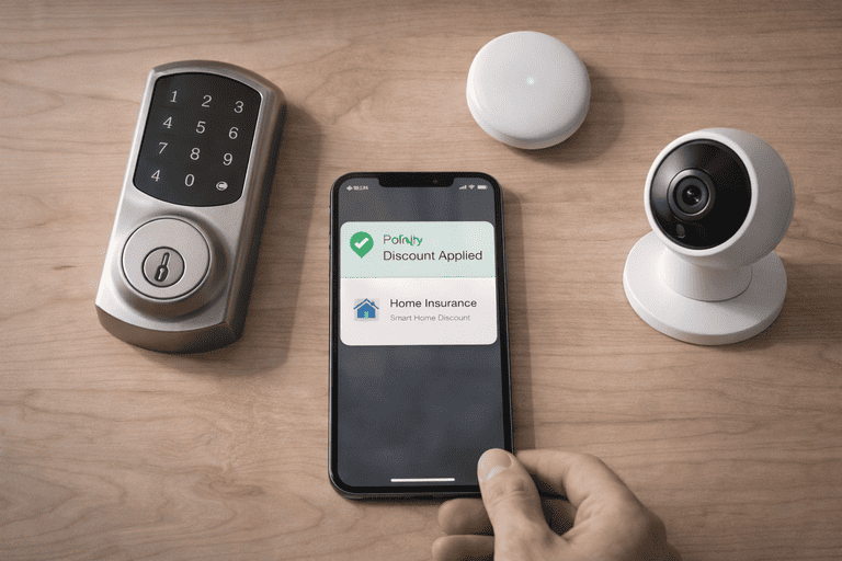 Smartphone showing insurance discount app with smart devices.